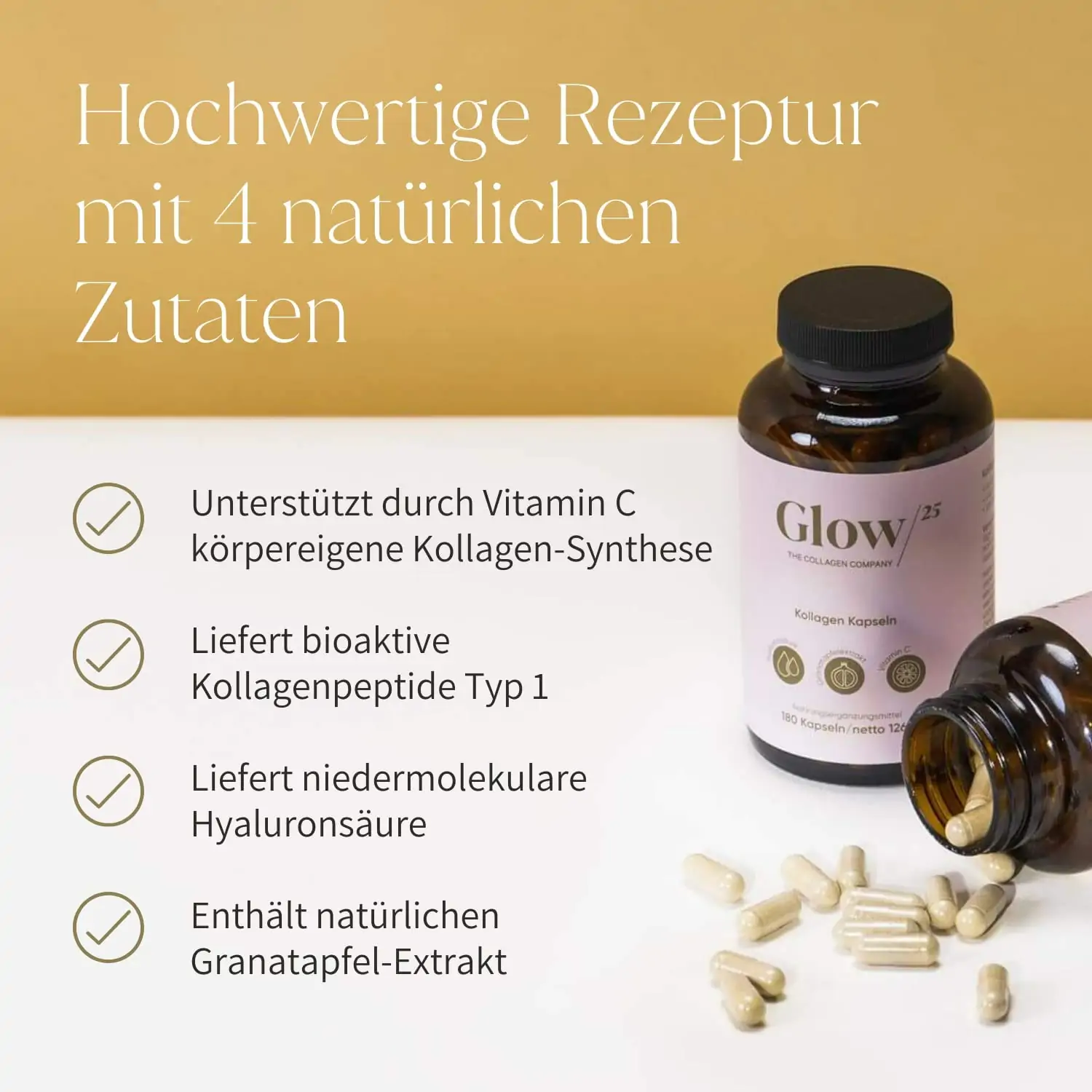 Glow25® kollagenkapsler højdosis [180 kapsler] med hyaluronsyre og C-vitamin | Premium Collagen Complex til smuk hud | Uden tilsætningsstoffer | Laboratorietestet | Lavet i Tyskland - Image 2