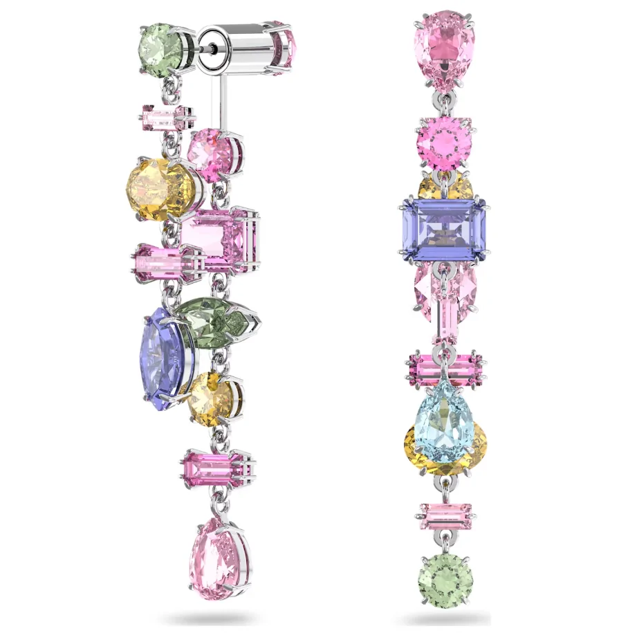 Dråbeøreringe, Asymmetrisk design, Blandede snit, Lange, Flerfarvede med funklende krystaller, Swarovski Gema - Image 2