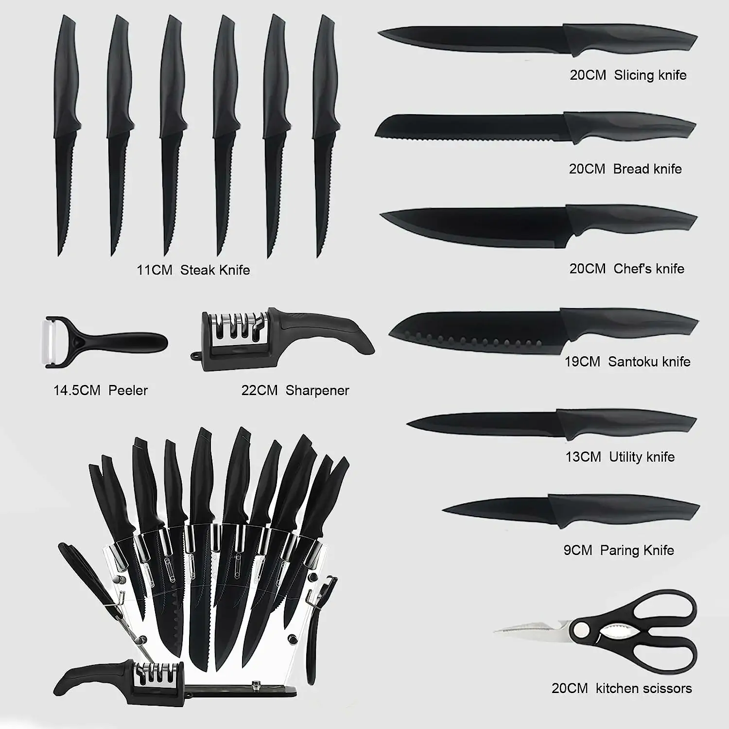 Knivsæt, knivbloksæt med 16 dele, professionelt køkkenknivsæt, skarpt rustfrit stål, knivsliber, skræller, køkkensaks, sort - Image 6