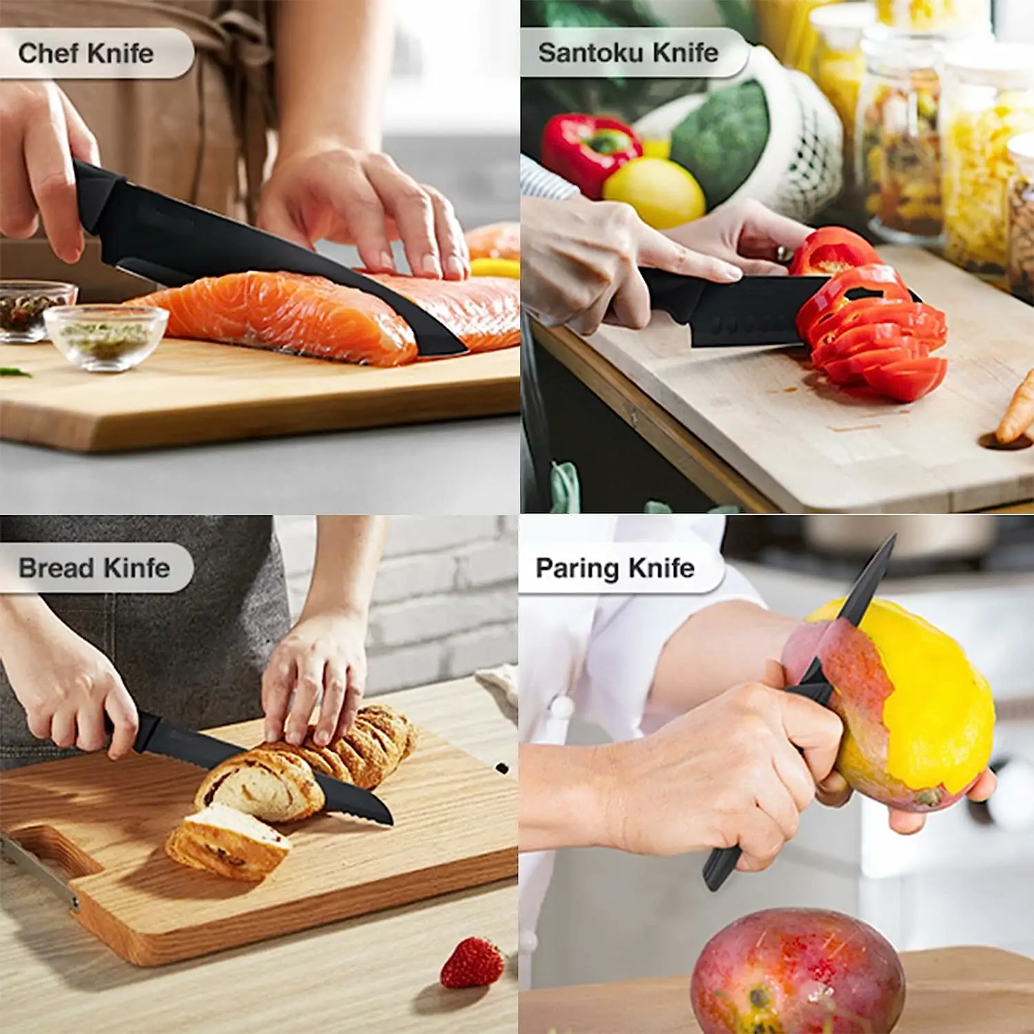 Knivsæt, knivbloksæt med 16 dele, professionelt køkkenknivsæt, skarpt rustfrit stål, knivsliber, skræller, køkkensaks, sort - Image 2