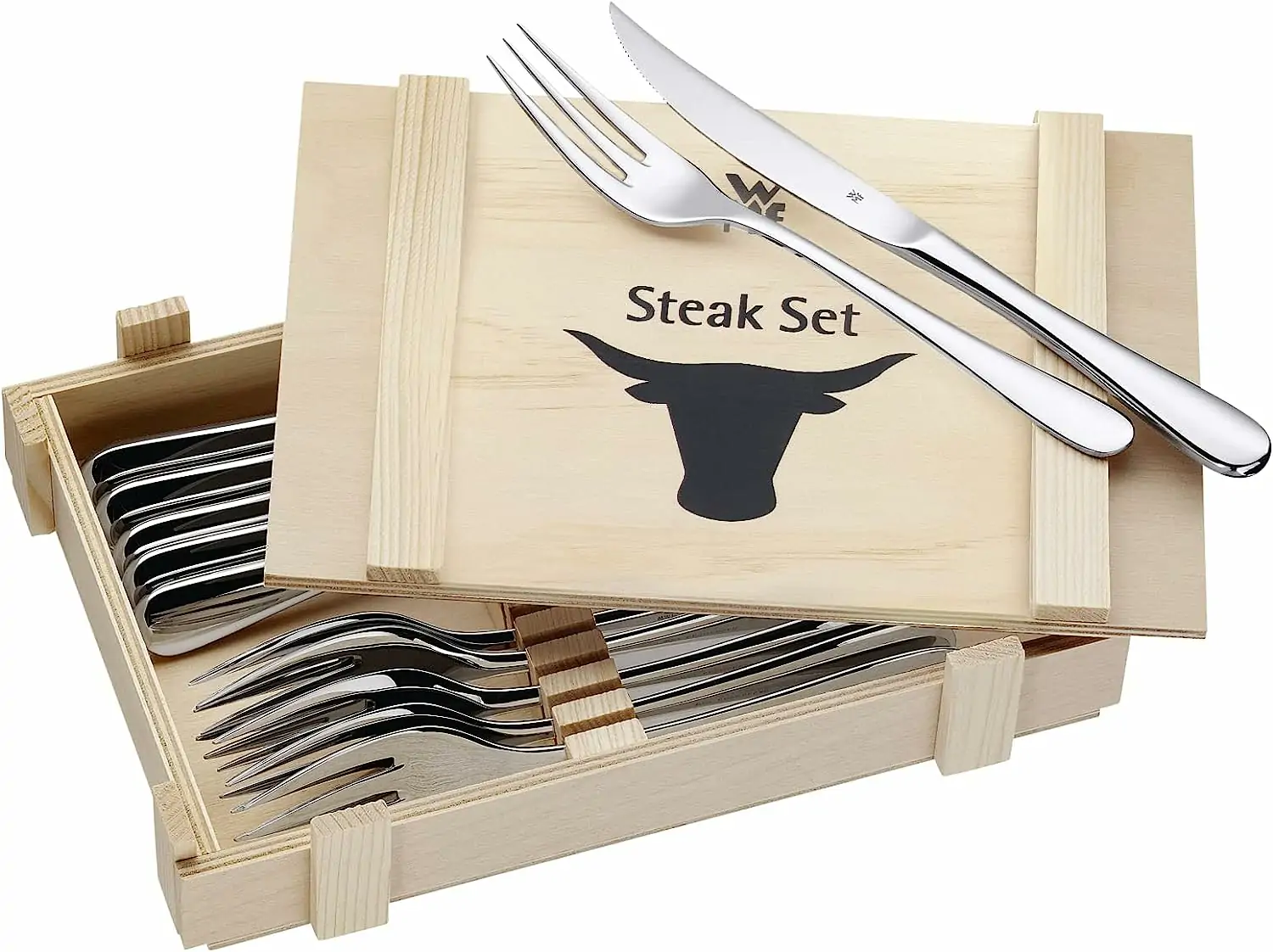 WMF bøfbestik 12 dele, bøfbestiksæt til 6 personer, bøfkniv, bøfgaffel, poleret Cromargan rustfrit stål, grillbestik i trækasse - Image 3