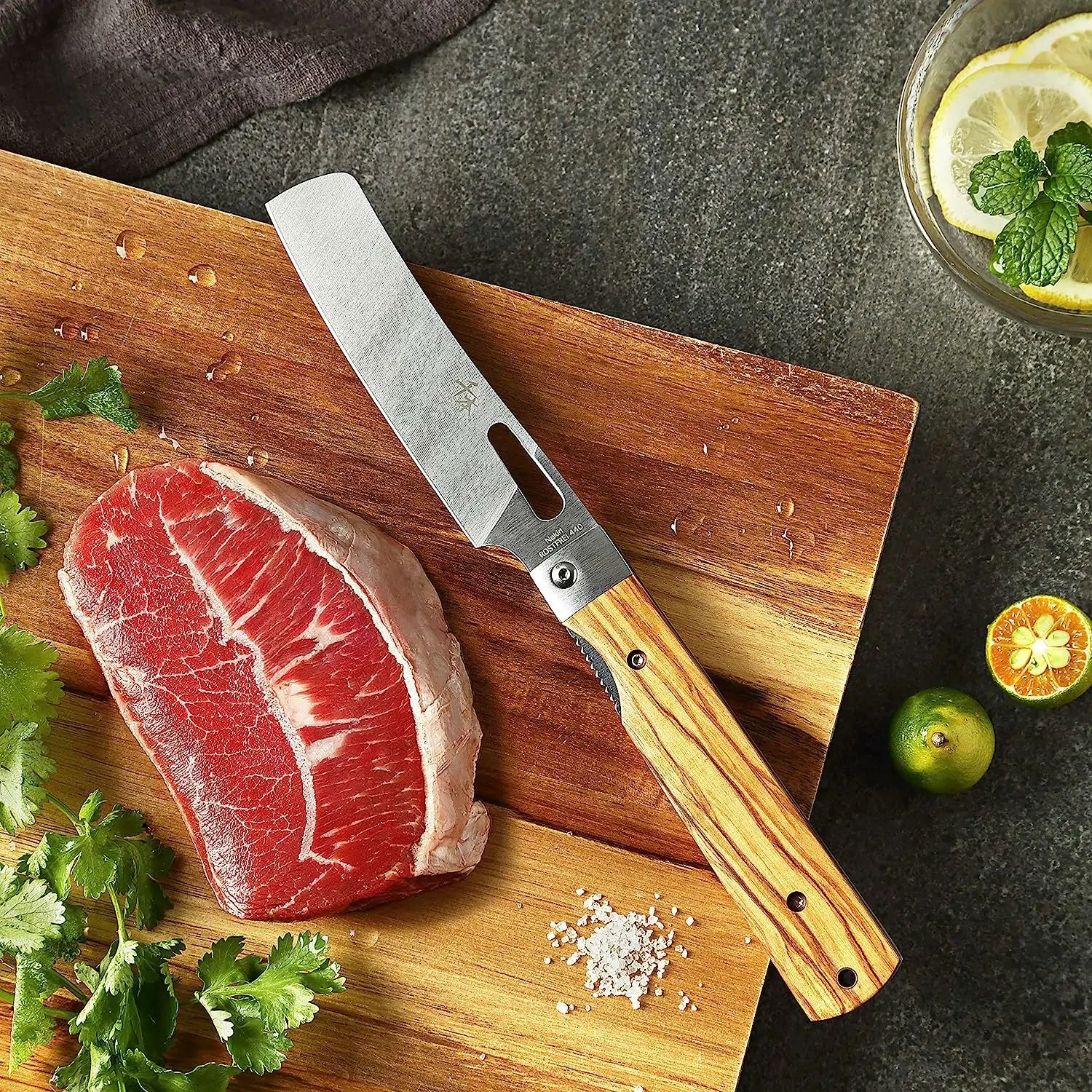 Japansk foldbar kokkekniv i rustfrit stål og med olivenhåndtag - Image 2