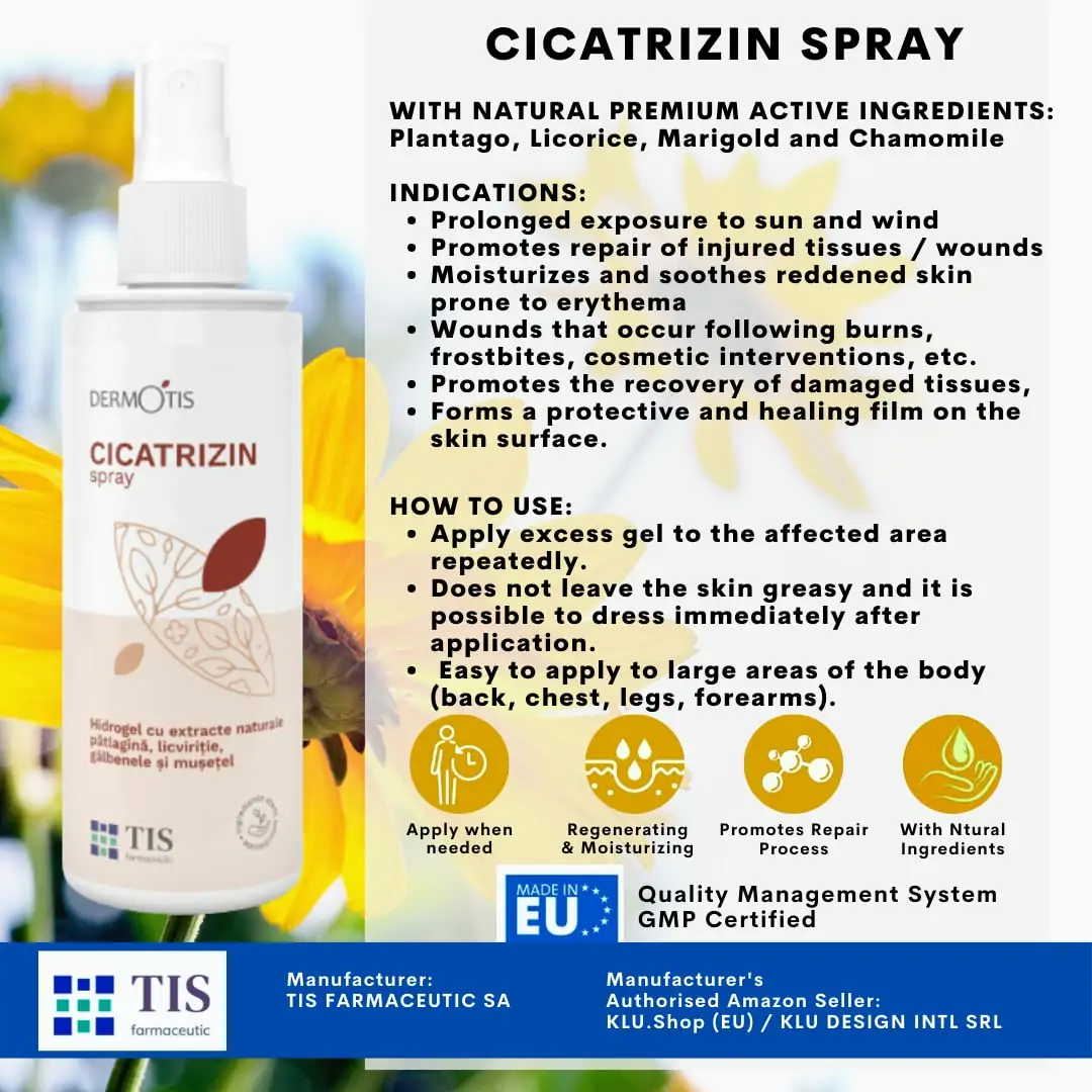 TIS Cicatrizin Spray - Stimulerer helingsprocessen af huden, solskoldning, sår, forbrændinger, eksem, insektbid, kamilleekstrakter, fugter huden, 100 ml - Image 2