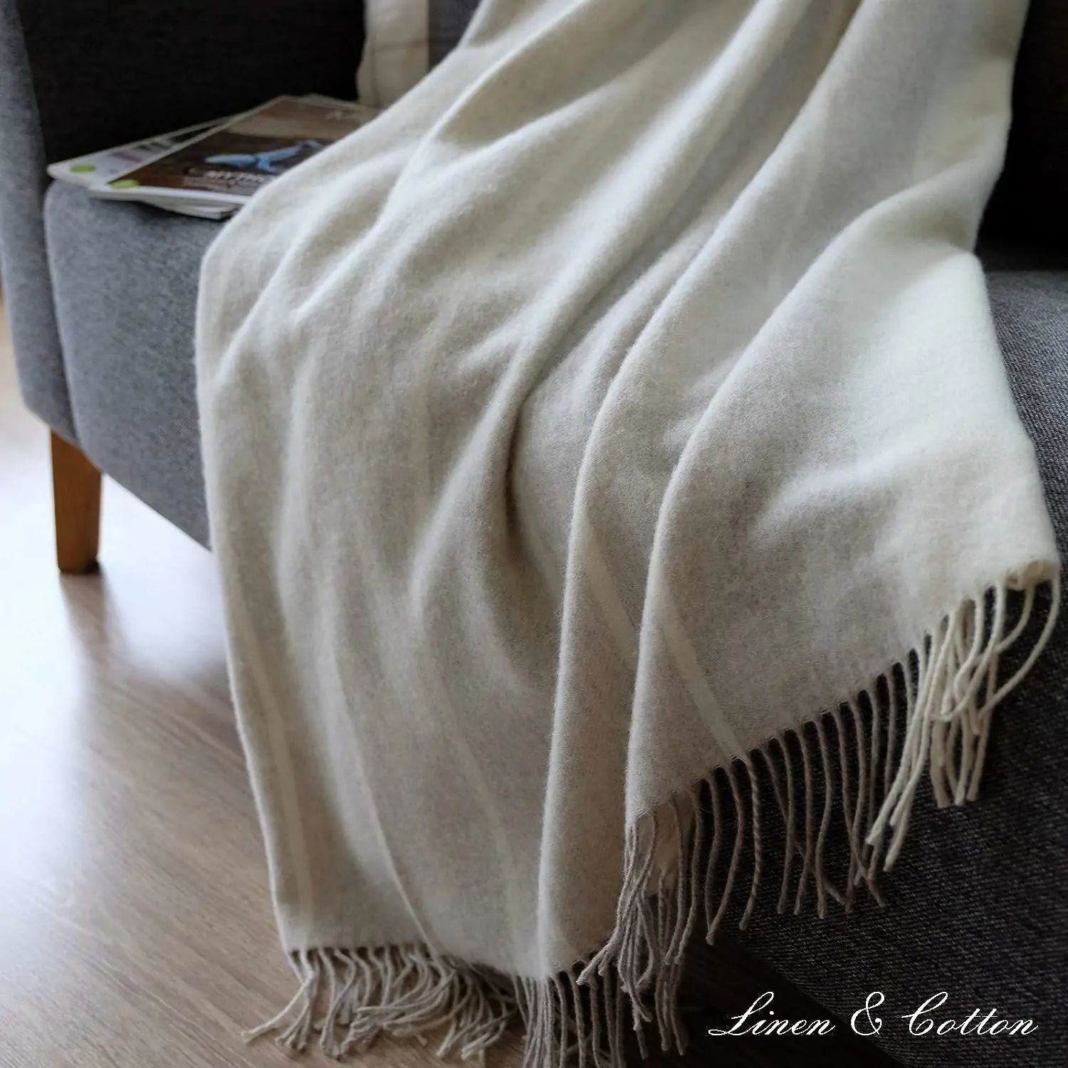 Merino uldtæppe, 100% blød merinould, stribet beige/natur/hvid (140 x 200 cm), sofatæppe, sengetæppe - Image 2