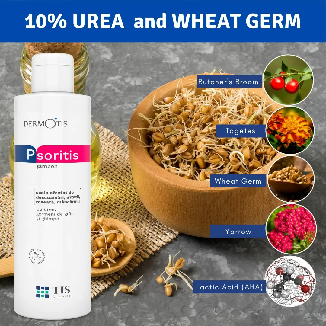 PsoriTIS 10% Urea Shampoo - Seborrheic og Psoriasis, Udsat Hovedbund | Seborrheic Dermatitis, Skæl, Pityriasis, Ichthyosis | Kløende, flagende, betændt hud | Hvedekimsolie - 120 ml - Image 2