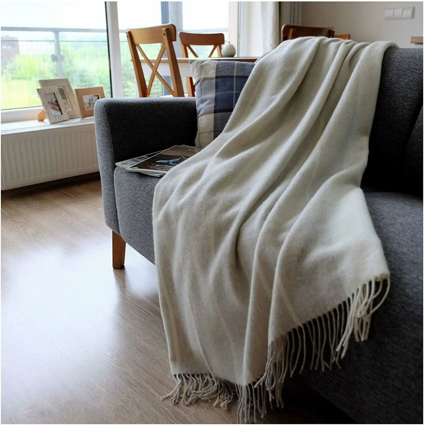 Merino uldtæppe, 100% blød merinould, stribet beige/natur/hvid (140 x 200 cm), sofatæppe, sengetæppe - Image 4