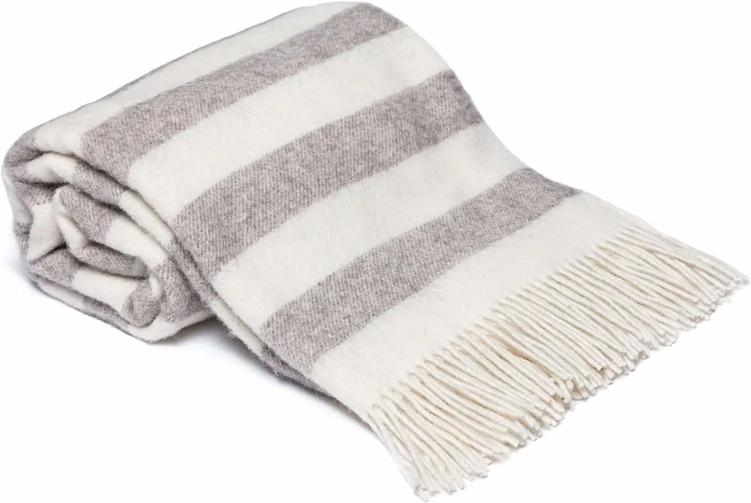 Uldtæppe lavet af 100 % ren newzealandsk uld, 140 x 200 cm, beige/hvid, blødt, stribet plaidtæppe med frynser, perfekt som et sofatæppe, sengetæppe - Image 2
