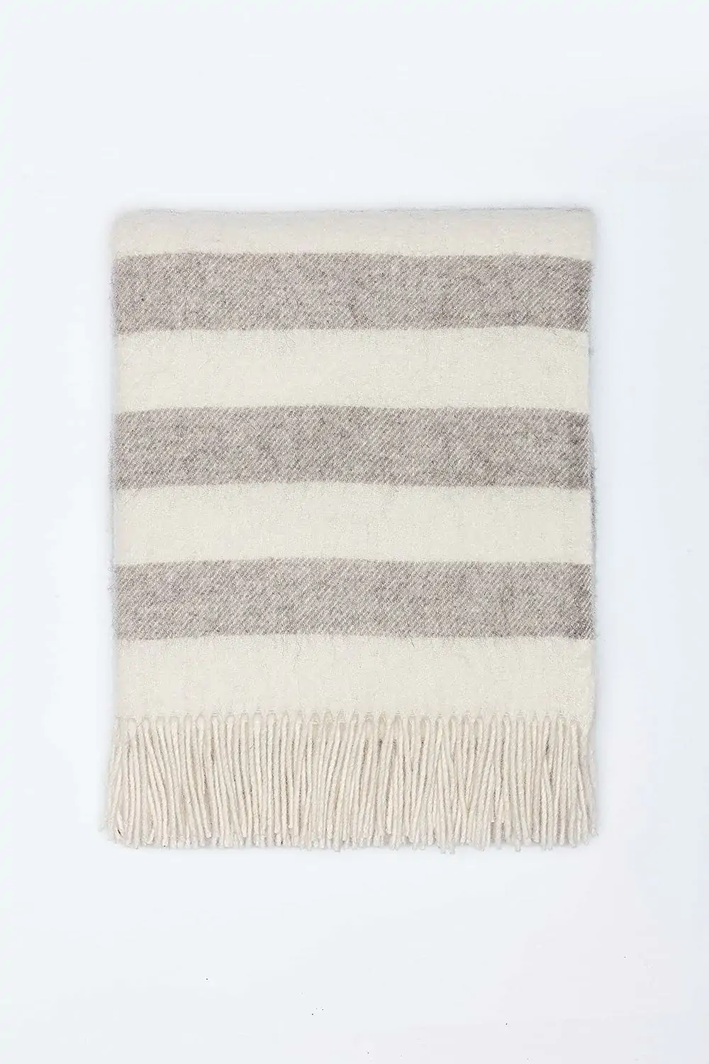 Uldtæppe lavet af 100 % ren newzealandsk uld, 140 x 200 cm, beige/hvid, blødt, stribet plaidtæppe med frynser, perfekt som et sofatæppe, sengetæppe - Image 3