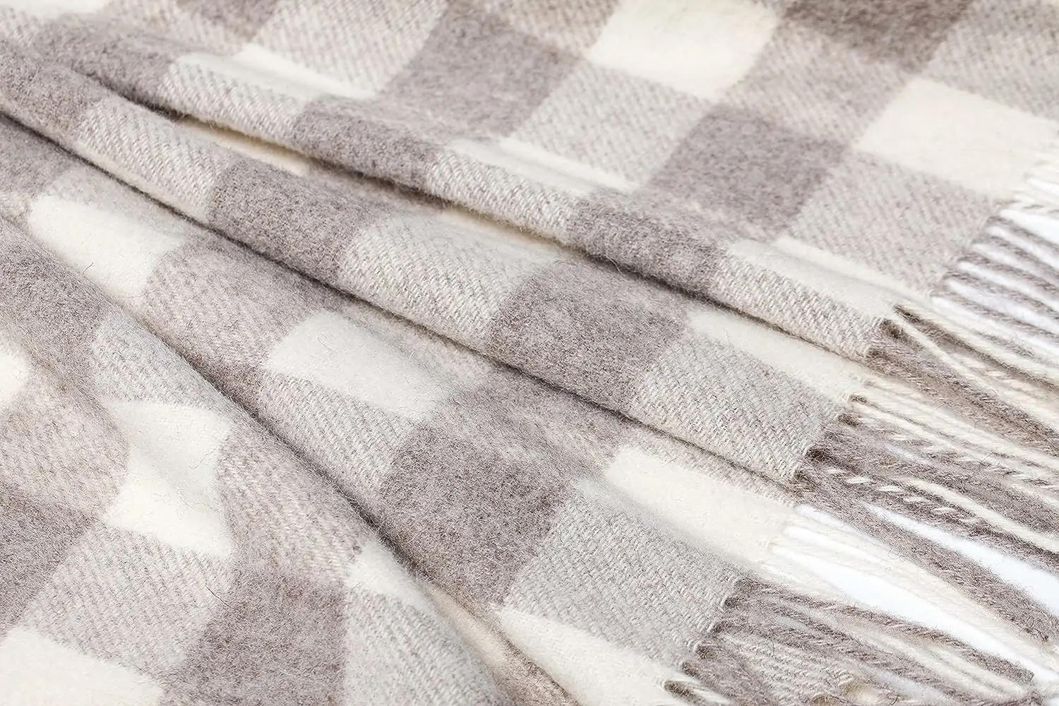 Uldtæppe lavet af 100 % ren newzealandsk uld, 140 x 200 cm, Hvid/beige, blødt ternet plaidtæppe med frynser, perfekt som et sofatæppe, sengetæppe - Image 2