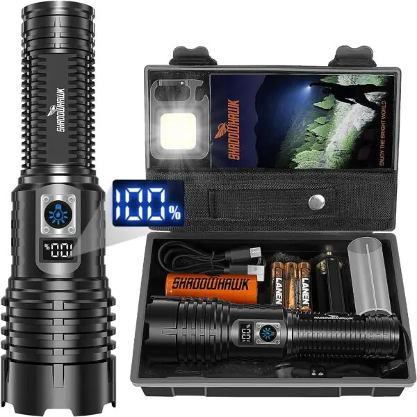 Lommelygte, Genopladelig, 500.000 Lumen Super Bright  | XHM77.2 Kraftig taktisk lygte til camping & hundeluftning