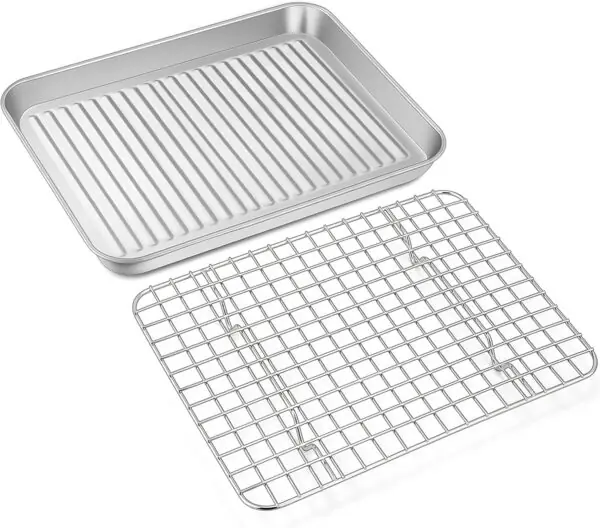 Bageplade med Afkølingsrist, Rustfrit Stål, 23 x 17 x 2,5 cm – Til Bagning, Stegning og Servering