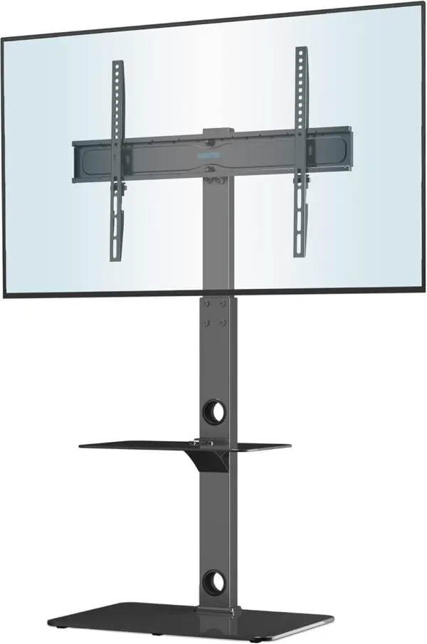 Justerbar TV Stand til 30-70" Flad- & Buet TV, Høj TV Gulvstander med 2 Glas Hylder, op til 40 kg