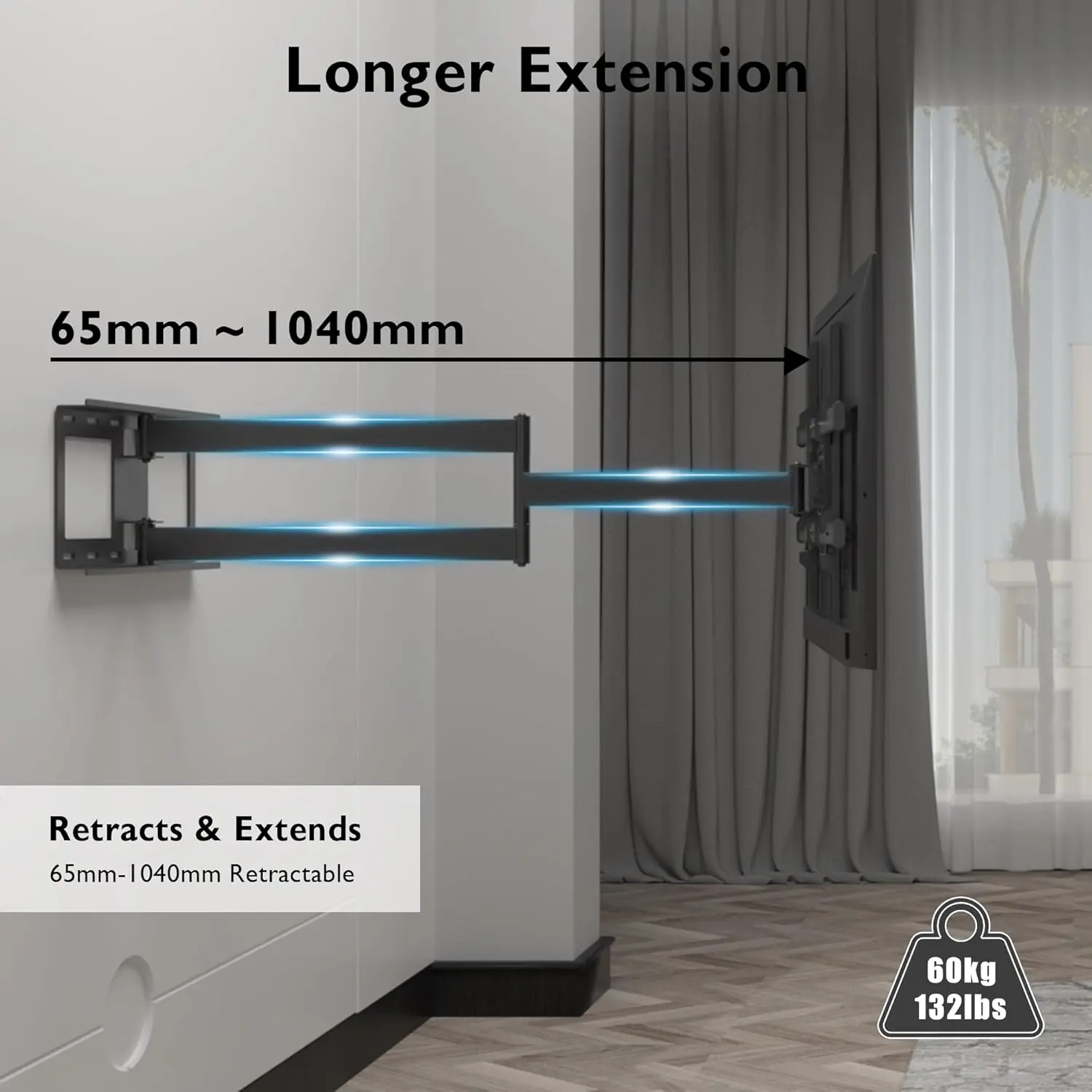 TV Vægbeslag til 32-75" Fladskærme med ekstra lang arm – Op til 60 kg, Fleksibel Tilt og Drejning - Image 2