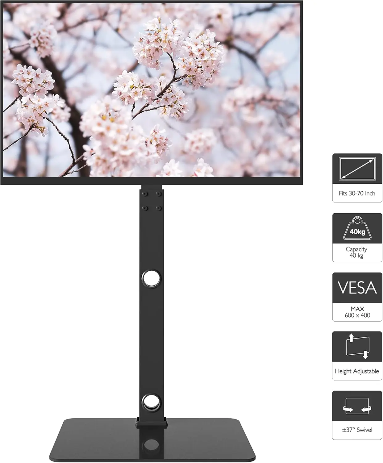 TV Stander Standfod til 30-70" Flad & Buet Skærm, Højdejusterbar og Drejelig, Op til 40 kg, VESA Max. 600 x 400 mm - Image 9
