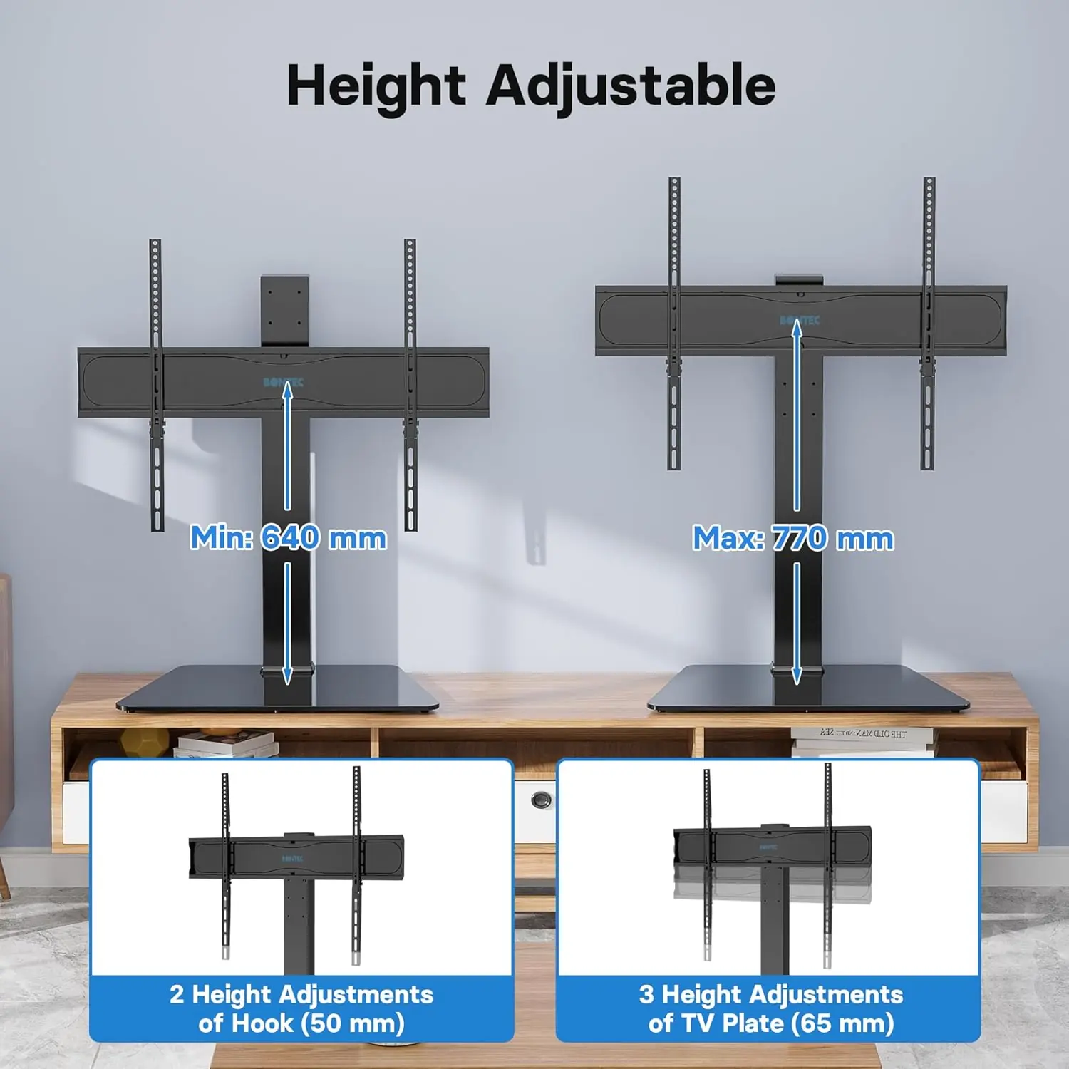 TV Stand med Drejefunktion til 42-86” Flad & Buet Skærm – Højdejusterbar TV Stand med Hærdet Glas, Max. Belastning 50 kg - Image 7