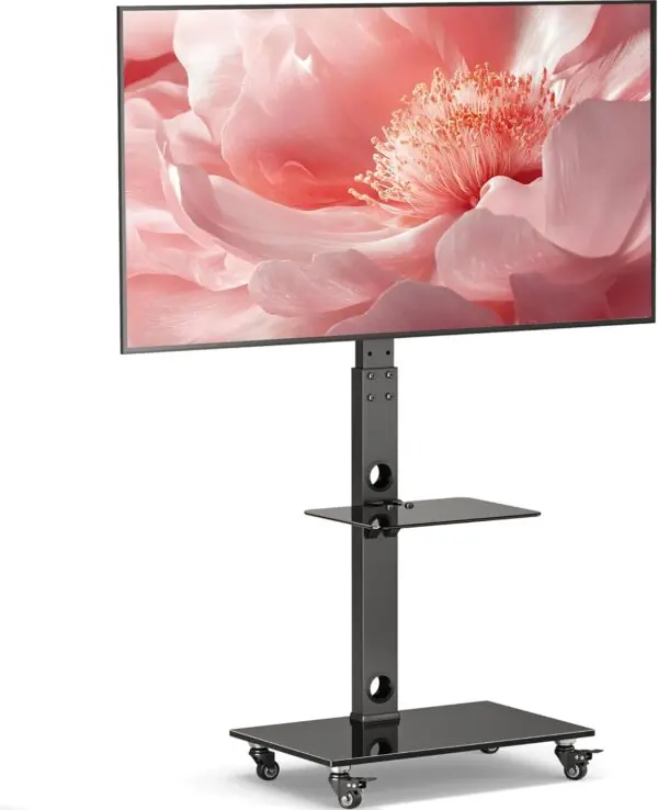 TV Stand med Hjul til 30-70” Skærme – Højdejusterbar med 2 Glas Hylder, VESA 600 x 400 mm, Op til 40 kg