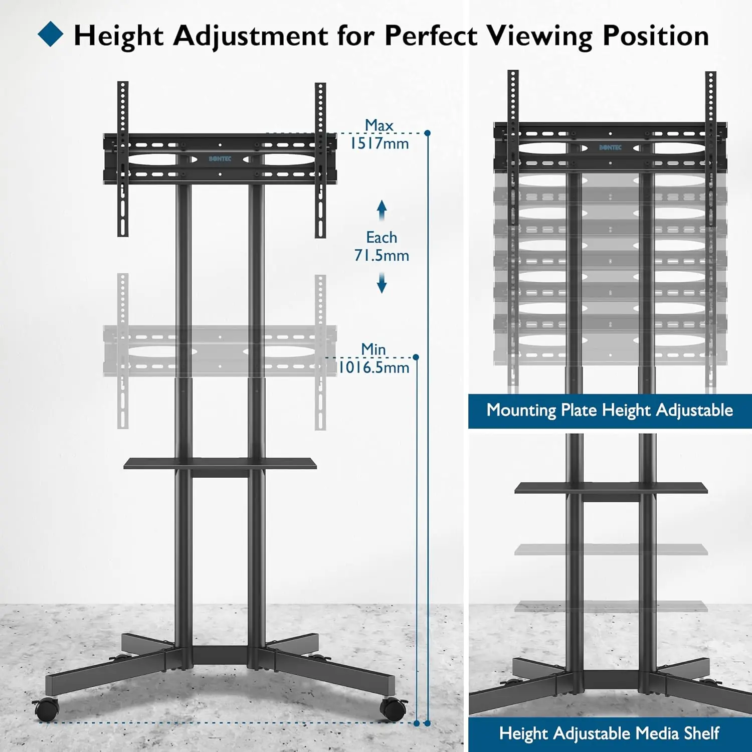 TV stativ med hjul til 32-85" TV, Højdejusterbar og flytbar, Op til 60 kg, Max VESA 600x400 mm - Image 2