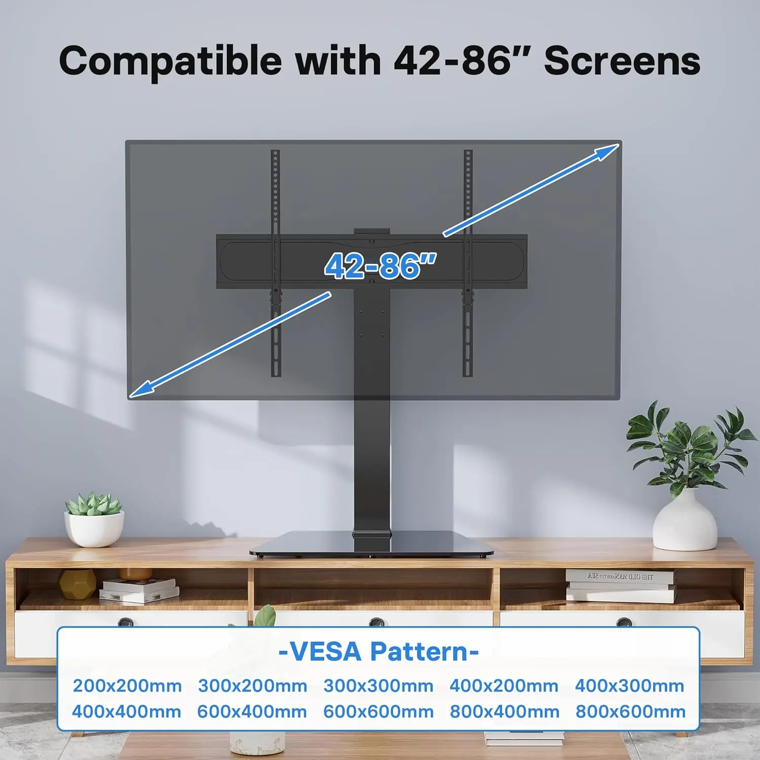 TV Stand med Drejefunktion til 42-86” Flad & Buet Skærm – Højdejusterbar TV Stand med Hærdet Glas, Max. Belastning 50 kg - Image 2