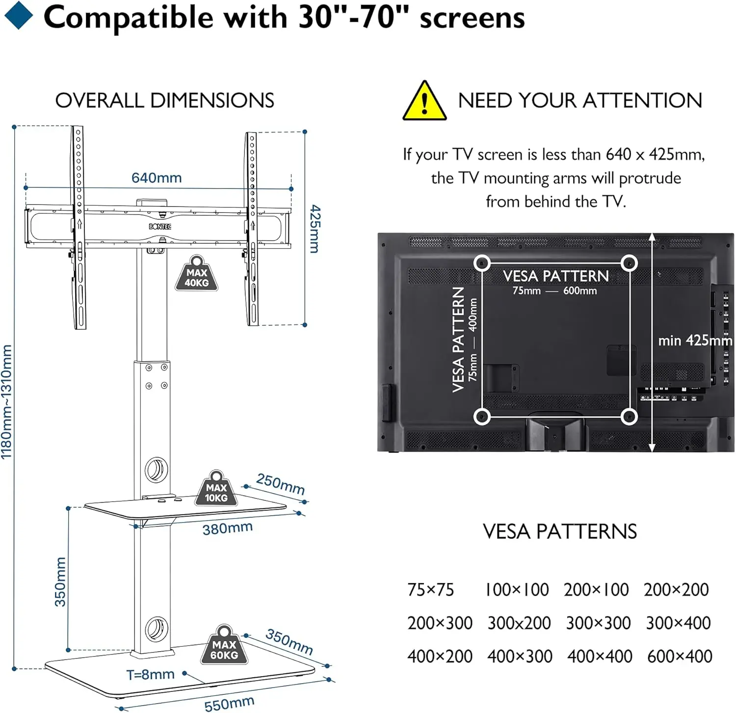 Justerbar TV Stand til 30-70" Flad- & Buet TV, Høj TV Gulvstander med 2 Glas Hylder, op til 40 kg - Image 7