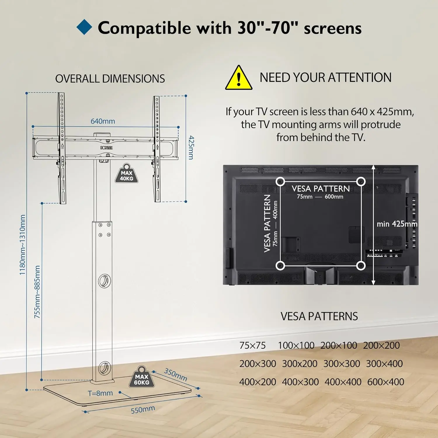 TV Stander Standfod til 30-70" Flad & Buet Skærm, Højdejusterbar og Drejelig, Op til 40 kg, VESA Max. 600 x 400 mm | Hvid - Image 2