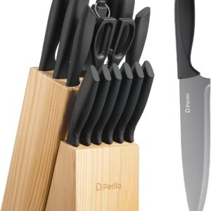 15-delt køkkenknivsæt med træblok – Skarpe knive i rustfrit stål med anti-klæbende belægning
