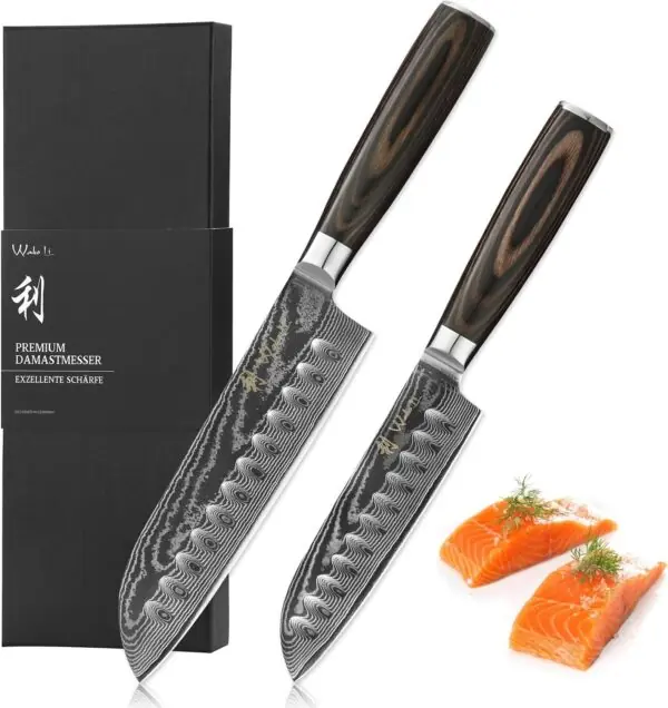 Damaskus Santoku Knivsæt: 12 & 18 cm, 67 lag, Pakkatræ, gaveæske