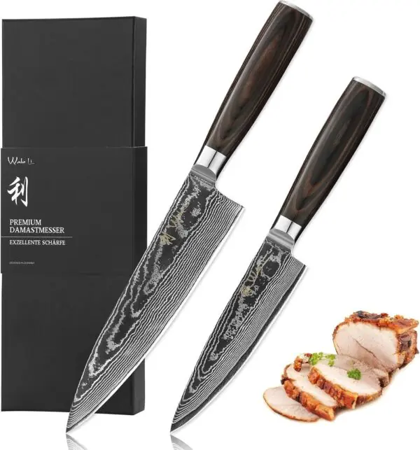 Damaskusknivsæt 2 stk: Professionelle Santoku knive, 67 lag, Pakkatræ-greb