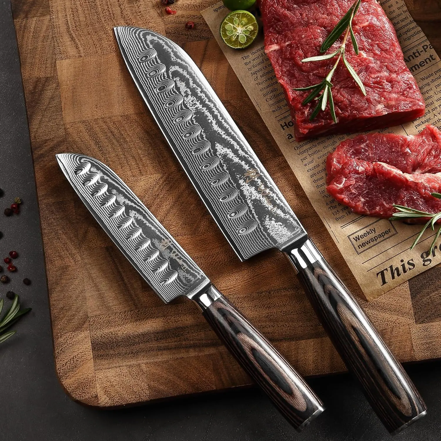 Damaskus Santoku Knivsæt: 12 & 18 cm, 67 lag, Pakkatræ, gaveæske - Image 6