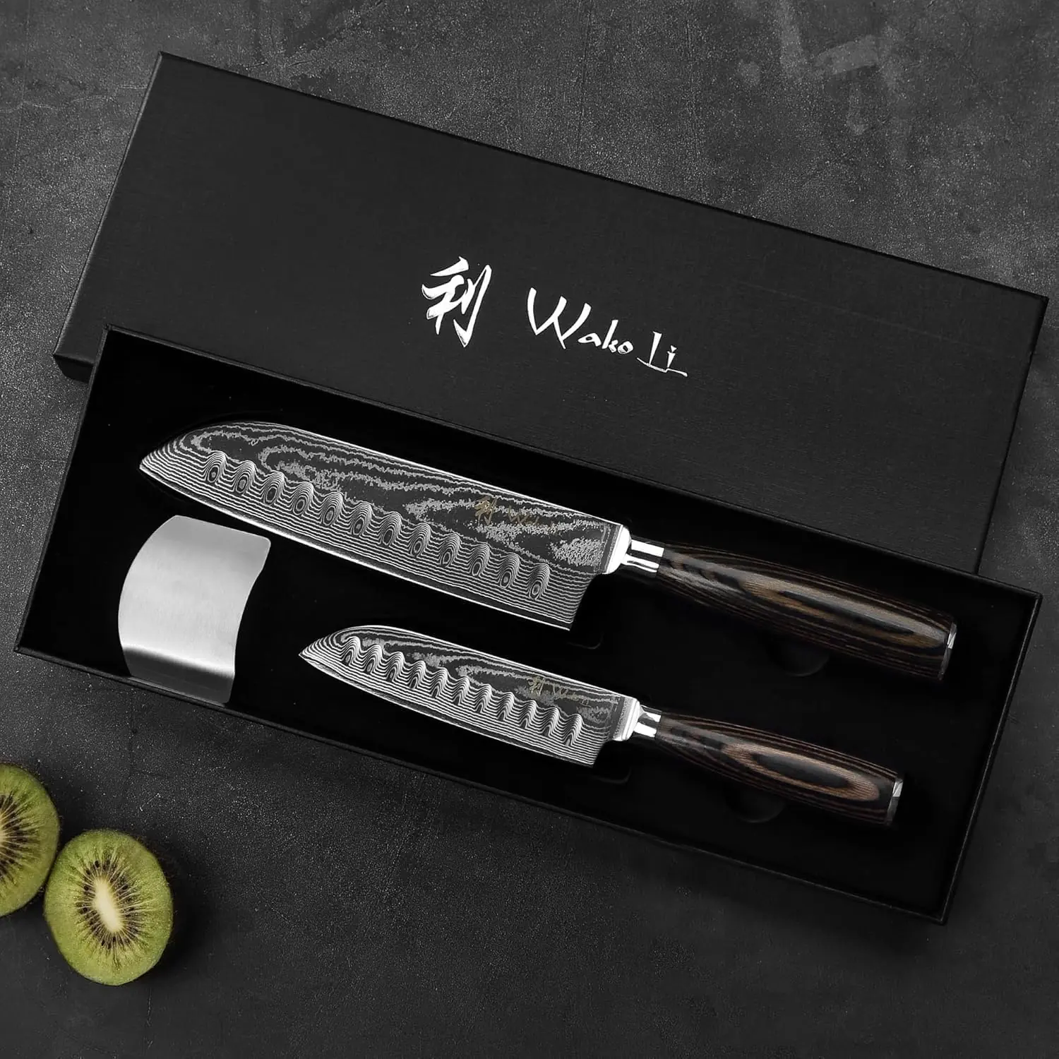 Damaskus Santoku Knivsæt: 12 & 18 cm, 67 lag, Pakkatræ, gaveæske - Image 2