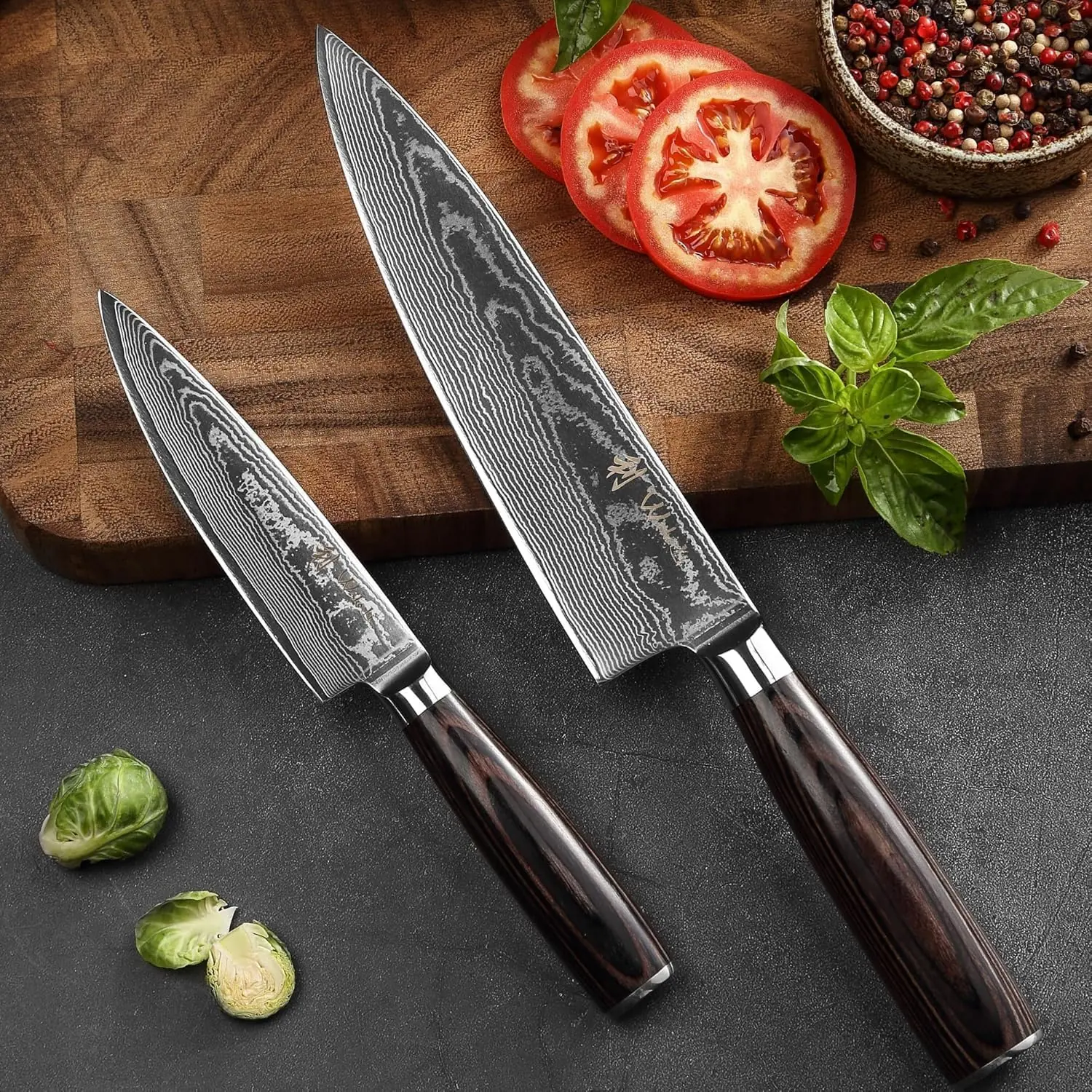 Damaskusknivsæt 2 stk: Professionelle Santoku knive, 67 lag, Pakkatræ-greb - Image 6