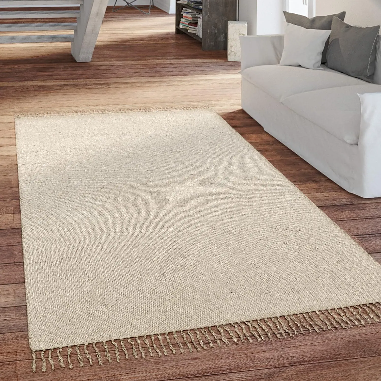 Boho tæppe til stue & soveværelse – Fladvævet, håndlavet bomuldstæppe med frynser, 80x150 cm - Image 5