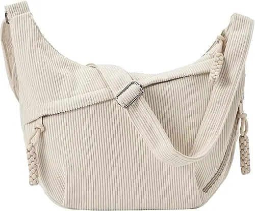 Beige crossbody taske i fløjl – Halvmåneformet skuldertaske til kvinder – Justerbar rem