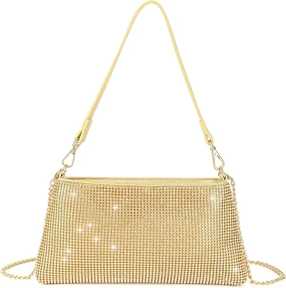 Elegant taske med rhinsten – Bryllupstaske & aftenhåndtaske med kæde, guld