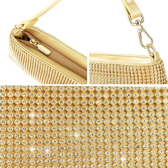 Elegant taske med rhinsten – Bryllupstaske & aftenhåndtaske med kæde, guld - Image 8