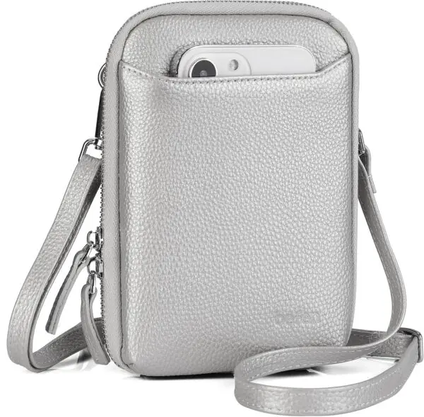 Mobiltelefontaske til kvinder i ægte læder – Crossbody med pung & nøgleholder – Sølv